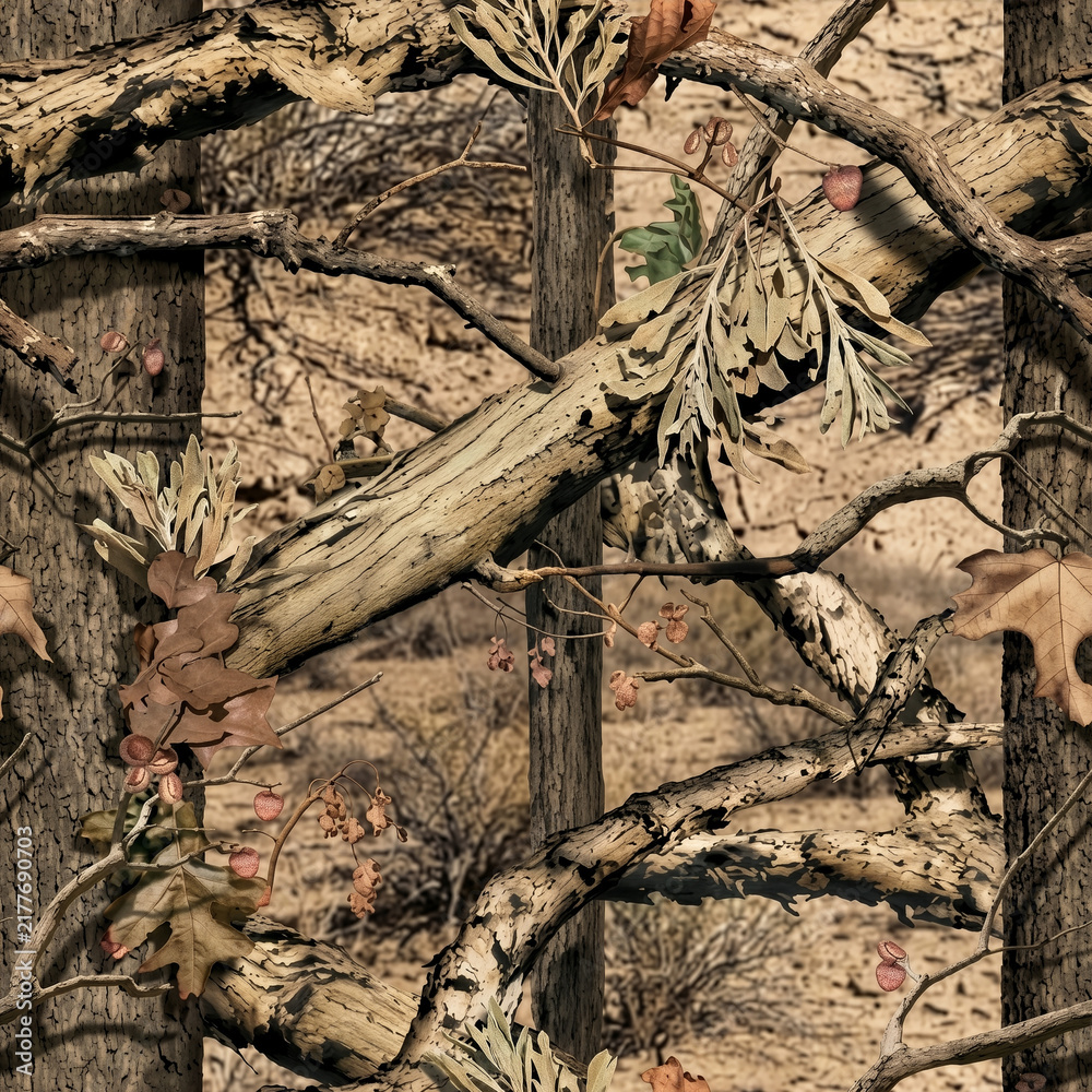 Fototapeta premium Dry Autumn Trees and Leaves Camouflage Seamless Pattern