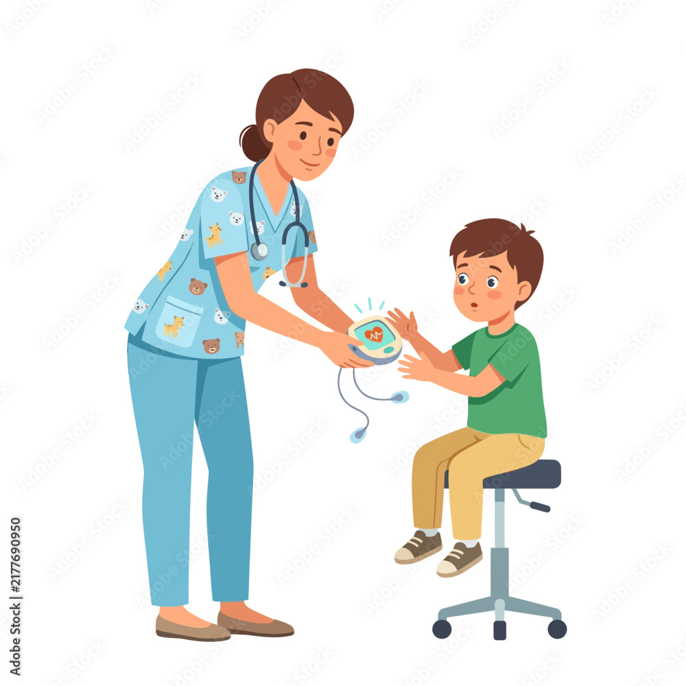 Fototapeta premium Friendly Nurse Checking Boy's Vital Signs with Medical Device in Clinic - Vector Illustration