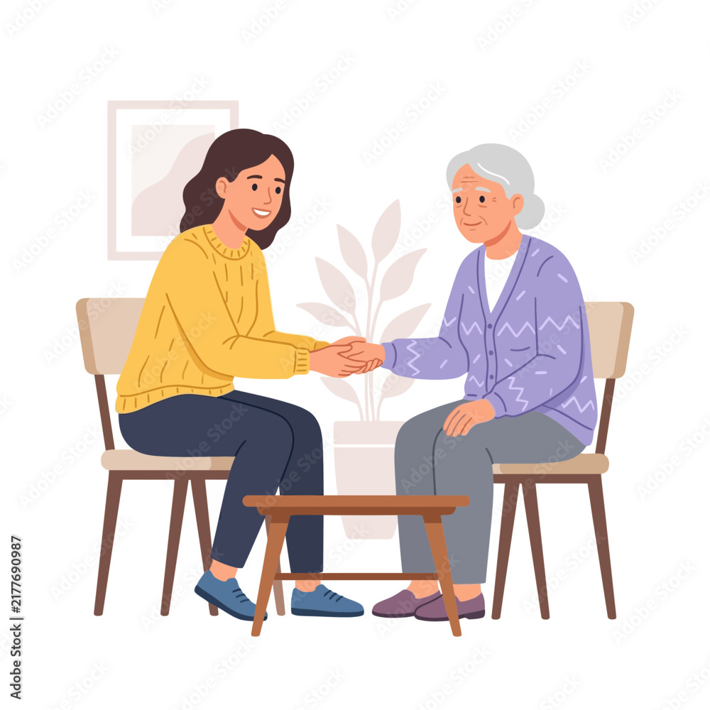 Obraz premium Generational connection, young woman and grandmother holding hands, symbolizing care, support, and family bonds in a cozy indoor setting.