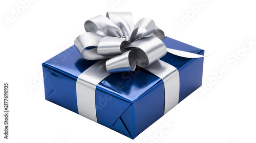 Фотография Isolated blue gift box with elegant shiny silver ribbon and bow for holiday and