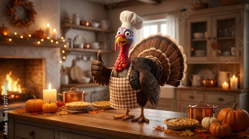 Funny cartoon turkey chef giving a thumbs up in a festive kitchen decorated for Thanksgiving.