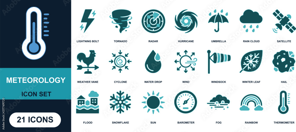 Obraz premium Meteorology Icon Set: A collection of 21 diverse icons representing various weather phenomena, meteorological instruments, and atmospheric conditions, ideal for educational or informational purposes.
