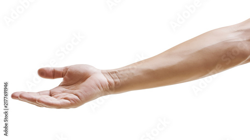 Fotografía Isolated human arm and open hand with palm up, gesture of offering, receiving, o