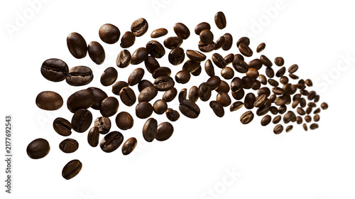 Cuadro en lienzo Isolated roasted coffee beans falling, aromatic caffeine and robust flavor ingre