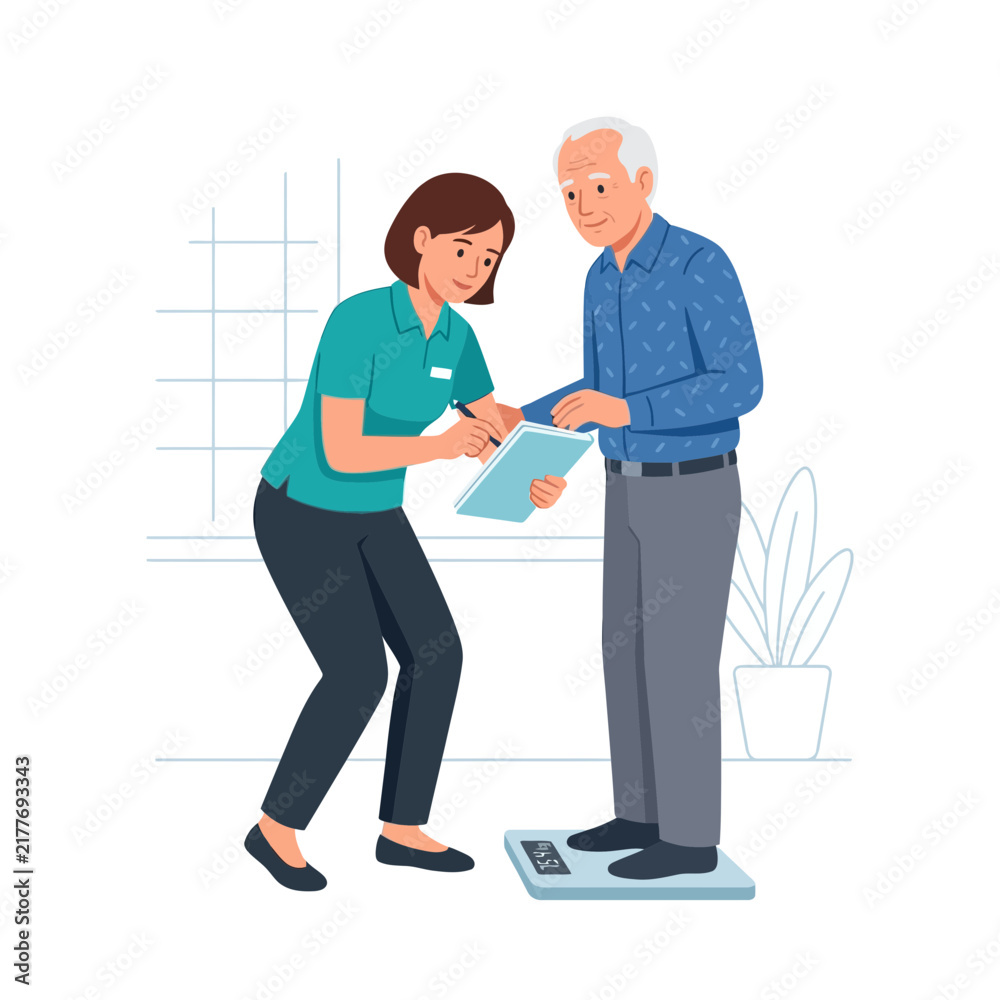 Obraz premium Healthcare professional assisting senior man with weight measurement for health check-up, vector illustration