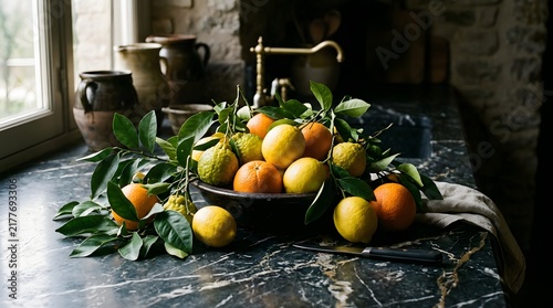 Fresh citrus fruits in a rustic bowl on a marble kitchen counter