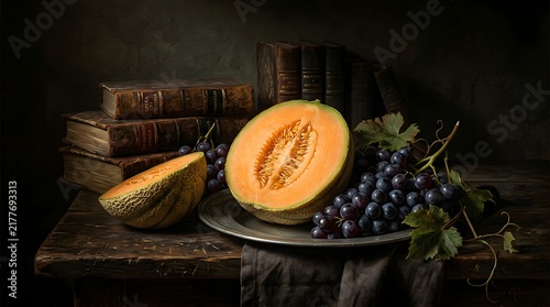 Classic Still Life with Cantaloupe and Grapes