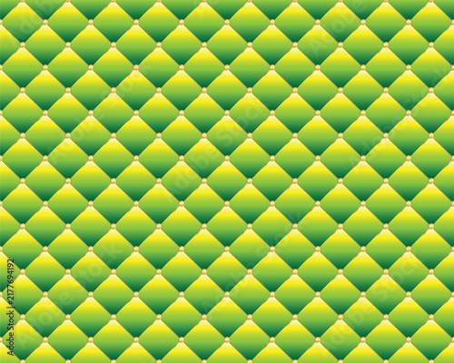 Light green shaded diamond shape upholstery luxury background with golden buttons with border