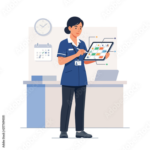 Nurse using tablet to manage patient care schedule with icons for medical conditions and appointments