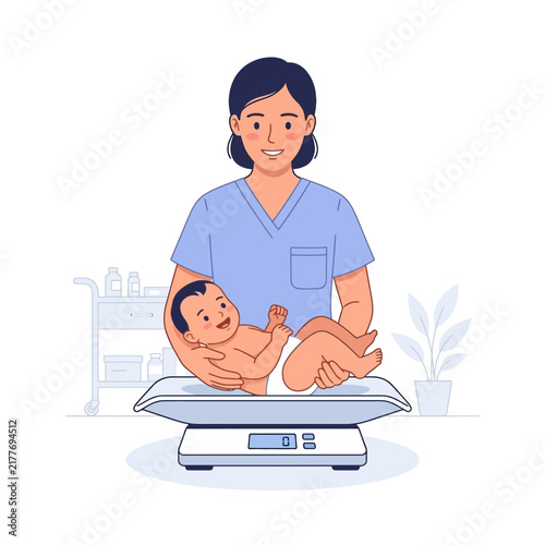 Nurse Weighing Happy Baby on Scale, Medical Checkup and Pediatric Care Concept
