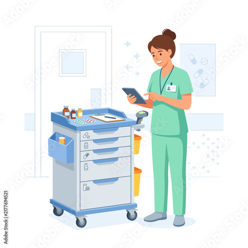 Nurse with Medical Cart and Tablet in Hospital Corridor - Healthcare Professional Digitally Managing Patient Care