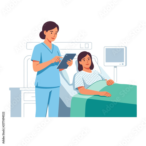 Nurse with Tablet Caring for Patient in Hospital Bed, Medical Healthcare Illustration
