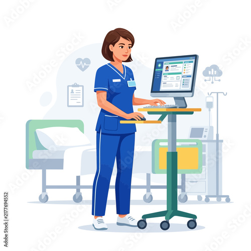 Nurse working on computer in hospital room, EMR, medical technology, patient care, healthcare illustration