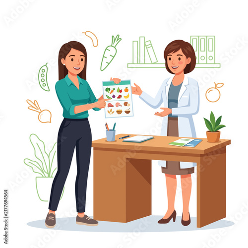 Nutritionist consulting patient about healthy eating plan with food chart and vegetables illustration