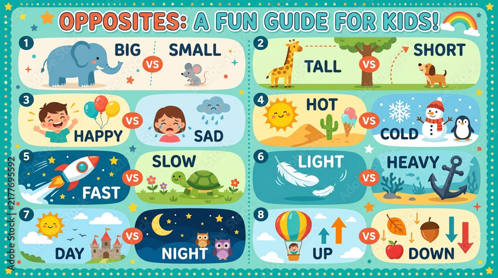 Fototapeta premium Educational Opposites Poster for Kids with Antonyms and Cute Cartoon Illustrations