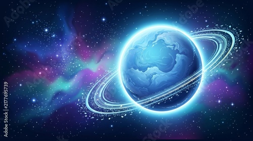 Celestial Wonder: A glowing blue planet with luminous rings floats serenely in the vast expanse of a colorful nebula, evoking a sense of cosmic mystery and infinite possibility.
