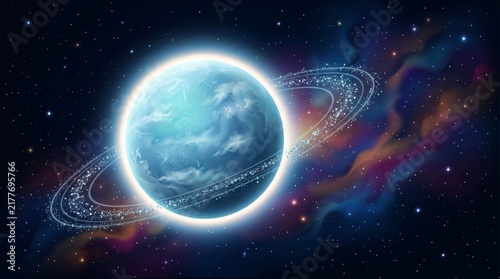 Mystical Blue Planet with Rings: An otherworldly blue planet, encircled by shimmering rings of cosmic dust and light, drifts through the vast expanse of a star-studded galaxy.