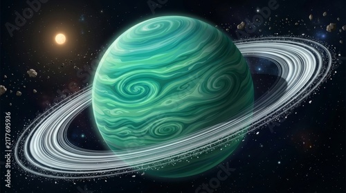 Jewel of the Cosmos: A magnificent ringed planet, with swirling turquoise and emerald bands, orbits a distant star in the vast expanse of space, surrounded by a belt of rocky asteroids.