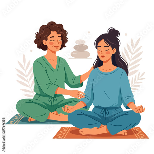 Two women meditating together, one guiding the other with a gentle hand on her shoulder in a serene setting with stacked stones and plants.