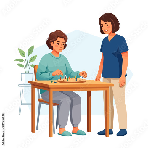 Two women playing a board game, one seated and one standing, in a cozy indoor setting.