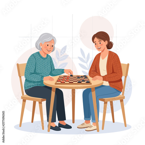 Two Women Playing Checkers Game, Intergenerational Bonding, Cozy Home Atmosphere, Vector Illustration