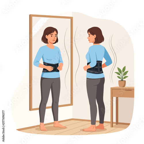 Woman Adjusting Lumbar Support Brace in Front of Mirror, Back Pain Relief and Posture Correction Concept