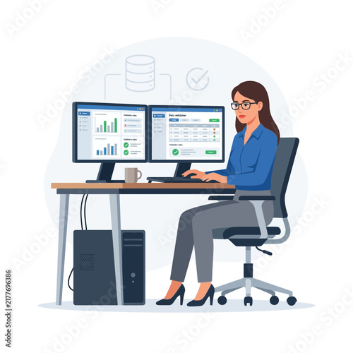 Woman Analyst Working on Dual Computer Screens with Data Charts and Database Icons