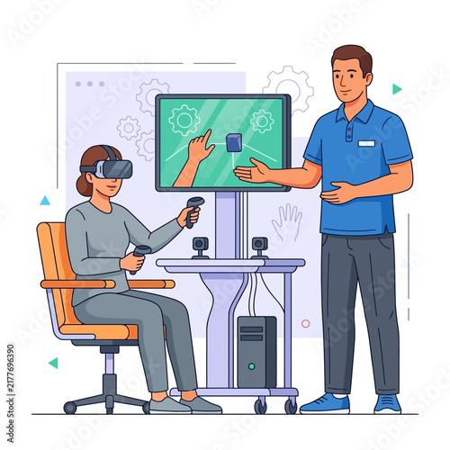 Virtual Reality Training Session: Woman Uses VR Headset and Controllers While Instructor Guides Her