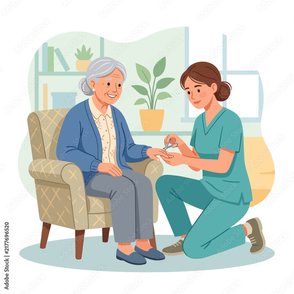 Obraz premium Caring Nurse Attends to Elderly Woman's Nails with Gentle Care and Compassion