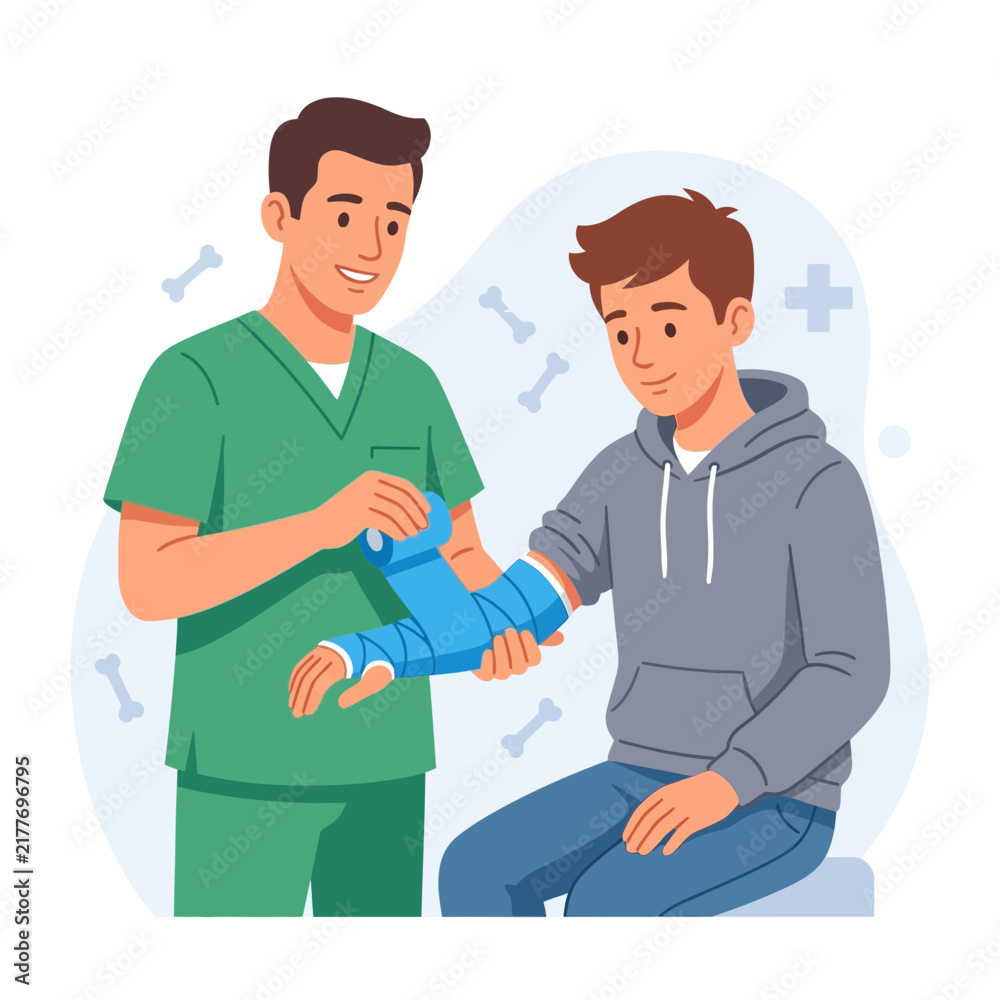 Fototapeta premium Doctor Applying Cast to Patient's Broken Arm, Medical Illustration