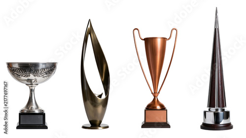 Cuadro en lienzo Isolated set of four distinct awards and trophies made of metal and wood for ach