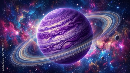 Cosmic Dance of a Purple Ringed Planet: A vibrant, ringed planet, swirling with amethyst hues and cosmic dust, embarks on a celestial ballet amidst a nebula of star clusters.