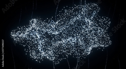 Abstract cloud of glowing particles with molecular structure and binary code on dark background. Digital data network and nanotechnology
