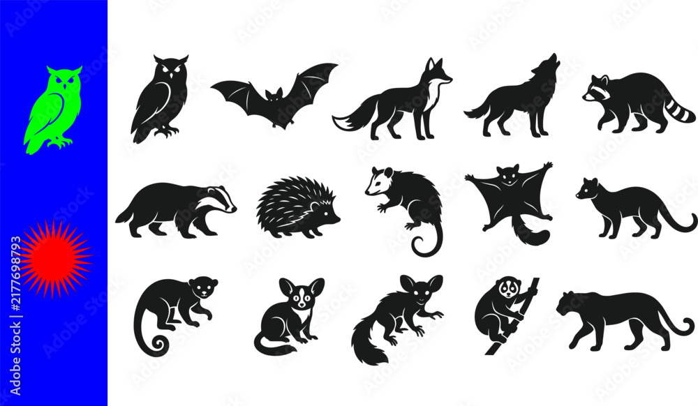 Obraz premium Collection of fifteen black nocturnal forest animal silhouettes featuring owl bat fox wolf raccoon badger hedgehog opossum flying squirrel lemur monkey sloth puma banner isolated