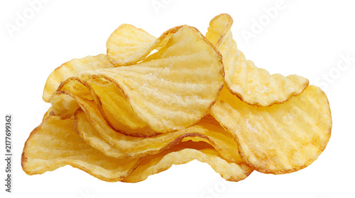 Photography Isolated delicious crunchy golden potato chips snack pile, a savory and irresist