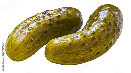 Принти на полотні Isolated two fresh crunchy green pickles gherkins, perfect for a tasty snack food