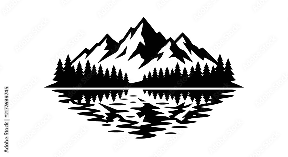Fototapeta premium Vector illustration of mountain landscape with pine forest and lake reflection on a transparent background