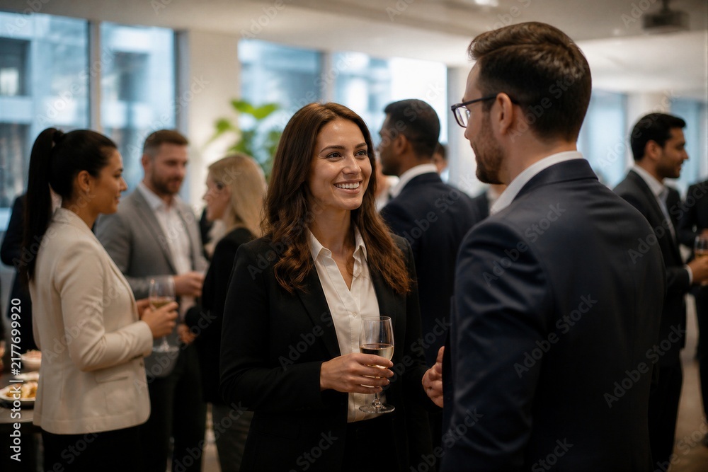 Obraz premium Professionals networking and conversing at corporate reception