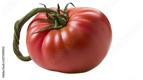 Obraz na plátne Isolated vibrant red tomato with green stem and calyx, fresh organic, healthy fr