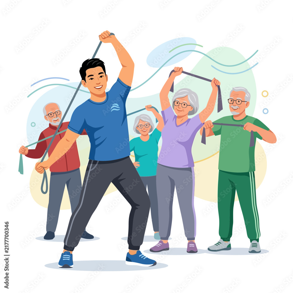 Obraz premium Fitness Trainer Leading Seniors in Resistance Band Exercise Class