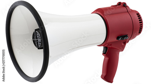 Fotografía Isolated powerful red and white megaphone, a symbol of communication, protest, a