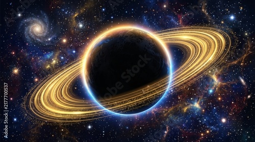 Cosmic Ringed Planet: An awe-inspiring view of a majestic ringed planet, its golden rings illuminated by distant stars and nebulae, set against the vast expanse of the cosmos.