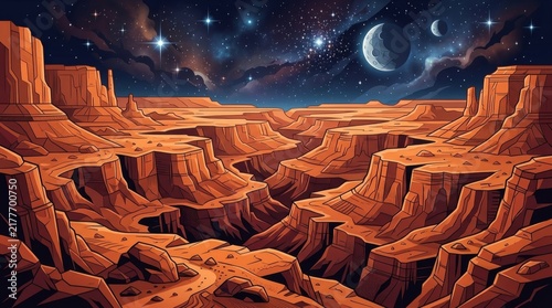 Mars Landscape Illustration: A breathtaking, surreal illustration depicts the rugged, ochre-colored canyons of Mars under a starlit sky, with two moons casting an ethereal glow on the alien terrain.