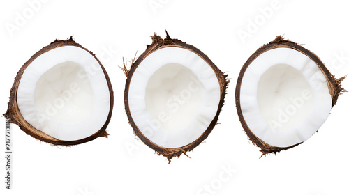 Photography Isolated three fresh coconut halves showing white flesh, delicious tropical frui