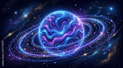 Cosmic Dance: A mesmerizing planet, adorned with swirling luminous rings of blue and purple, drifts through the vast expanse of a star-studded galaxy, exuding an aura of cosmic wonder and mystery.