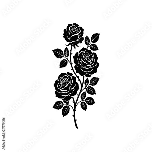 Elegant Hand Drawn Three Rose Flower Stem Silhouette Decorative Botanical Graphic Design Element for Creative Floral Art Projects and Prints