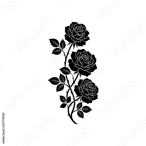 Black Rose Branch Silhouette Vector Illustration with Leaves and Thorns Floral Tattoo Design