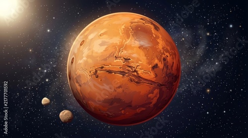 Mars and Moons in Orbit: A detailed illustration of the red planet Mars, its rocky surface and prominent craters visible, accompanied by its two small moons Phobos and Deimos.