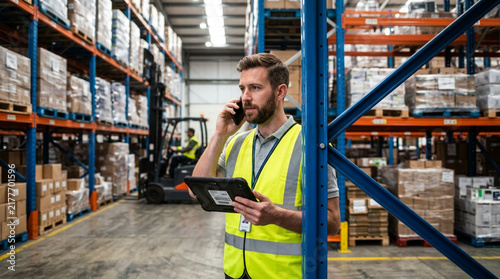 Warehouse worker in high-visibility safety vest talking on smartphone and holding digital tablet in large industrial distribution center with pallet racks and forklift in background.