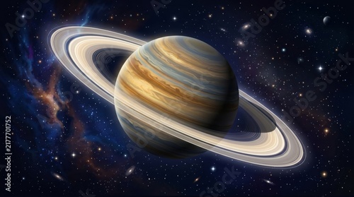 Saturn's Majesty: A stunning depiction of the ringed planet Saturn, showcasing its iconic celestial rings against a backdrop of distant stars and nebulas in the vast expanse of space.